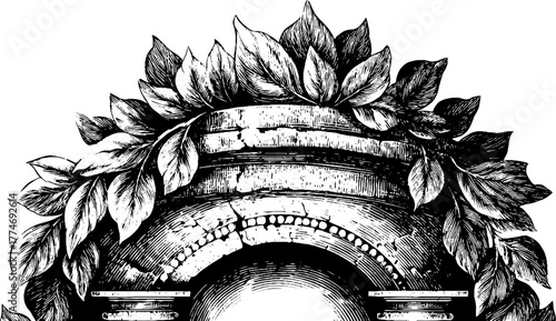 Engraved ornate circular frame leaves vintage sketch hand drawn engraving illustration. Classic symmetrical botanical wreath with elegant decorative foliage and intricate design.
