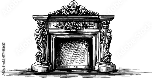 Ornate fireplace mantel with decorative engravings for vintage interior design