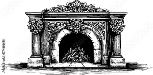 Ornate engraved fireplace mantel with decorative details for vintage interior design