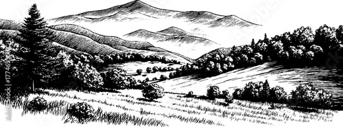 Panoramic landscape with distant mountains and rolling hills in vintage engraving style for design