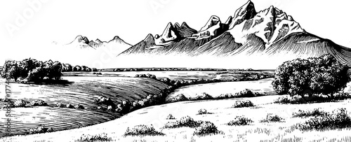 Panoramic engraved landscape of distant mountains and rolling hills in vintage style