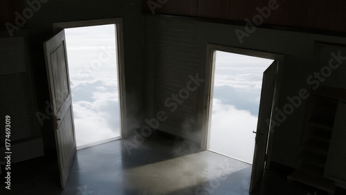cinematic realistic interior photo of a minimal room with open doorway leading to clouds
