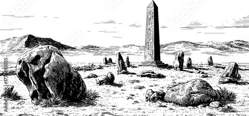 Panoramic landscape with distant ancient obelisk and rocky terrain