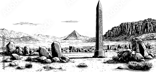 Panoramic landscape with ancient obelisk and distant ruins sketch for historical design