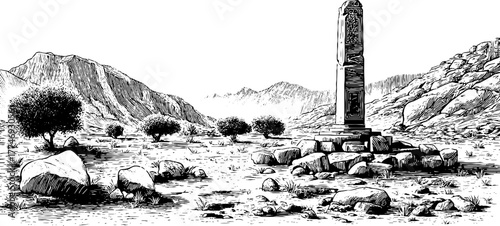 Panoramic landscape with ancient obelisk - vintage hand-drawn engraving for design