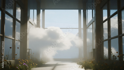 cinematic realistic image of a modern hallway where clouds drift beside large windows