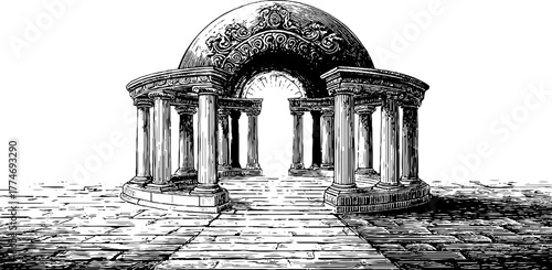 Vintage semi circular portal with columns hand drawn engraving for retro design