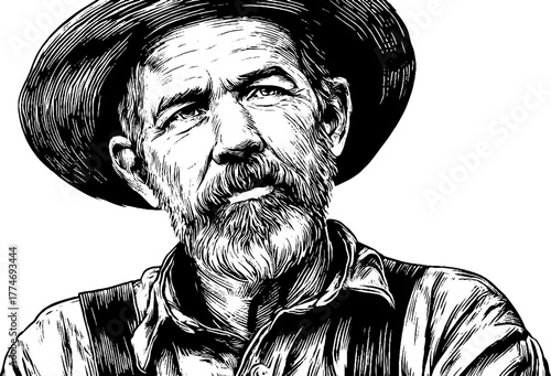 Vintage portrait of bearded farmer in suspenders and hat - hand drawn sketch style for rustic designs