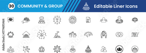 Community & group glyph Icon set, Team, Group of People, Forum, Online Community, Collaboration, Network, Meeting, Members, Hashtag, Collaboration Board Vector line Icons illustration.