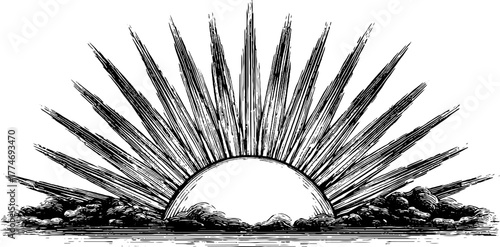Vintage sunburst with radial lines emerging from clouds - sketch for retro design or print