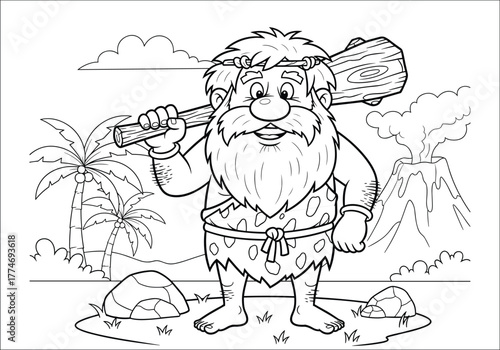 Smiling cartoon caveman with a big wooden club, standing near a smoking volcano and palm trees, prehistoric, coloring book page.