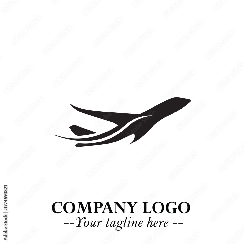 Obraz premium Plane Flying Fast Logo Symbol in Black on the White Background with Dynamic Aviation Design