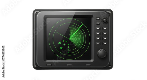 Marine Radar Screen Display with Green Navigational Data and Circular Grid