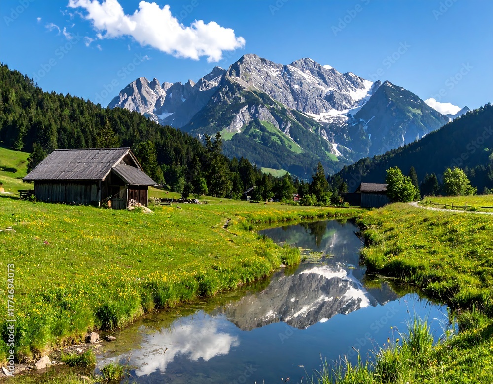 Fototapeta premium Alpine meadow with stream and huts below snow-capped mountain range on a sunny day