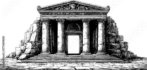 Ancient stone portal with elaborate sculpted reliefs for historical design