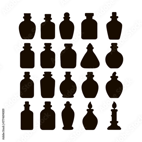 A set of silhouette icons featuring various potion bottles adorned with skull and crossbones symbols perfect for Halloween and gothic themed projects.