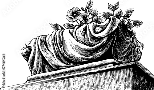 Elegant engraved relief fragment featuring draped fabric and floral motifs for artistic decor