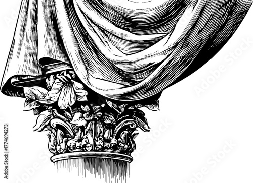 Engraved relief fragment with draped fabric and floral motif for design decor