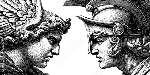 Mythological battle scene relief - vintage engraved panel design for art and history enthusiasts