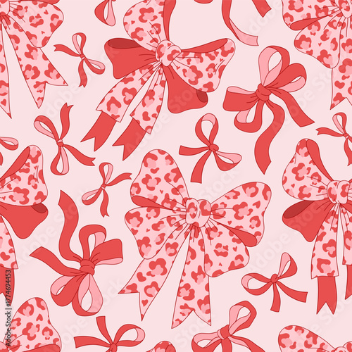 Romantic Retro Coquette Leopard Printed Bow Seamless Pattern, Girlish Valentines Day Background for Textile and Wrapping Paper Design