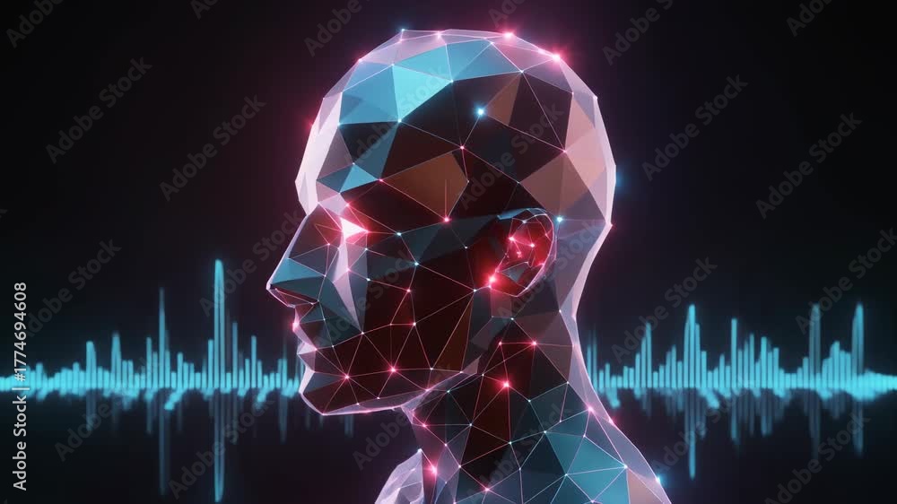 Low-poly glowing head morphing in sync with digital soundwave