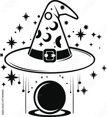 This captivating artwork features a witch hat adorned with celestial motifs, hovering above a mystical orb. The design is enhanced by sparkling stars and cosmic elements, creating a magical atmosphere