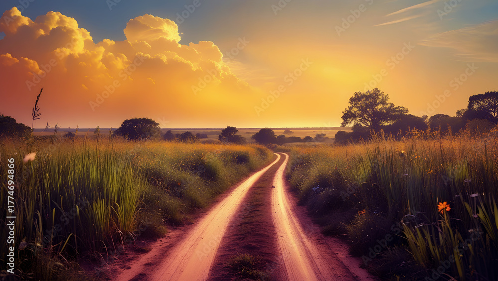 Fototapeta premium Dirt Road Winding Field Grass Wildflowers Sunset Orange Yellow Sky Trees Horizon Landscape Peaceful Serene Warm Light Nature Outdoors Generative AI