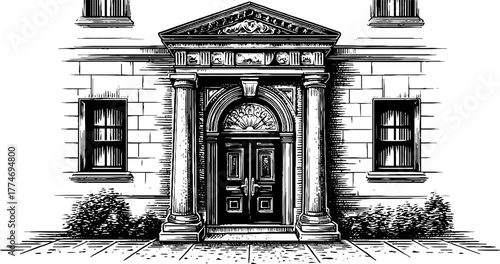 Renaissance doorway with pediment and pilasters engraving - architectural design element