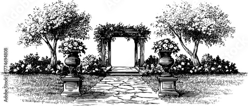 Renaissance garden archway with decorative urns - classic hand-drawn design for historical decor
