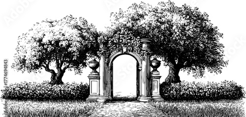 Renaissance garden archway with decorative urns and trees — vintage sketch for design or print