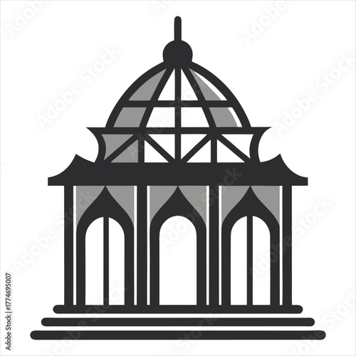 Antique golden metal bird cage vector illustration of a vintage architecture house with a dome, isolated on white