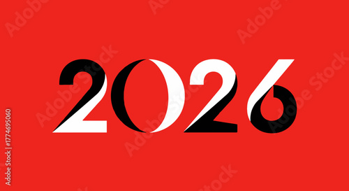 The year 2026 is displayed in a stylized font with contrasting black and white colors against a vibrant red background.