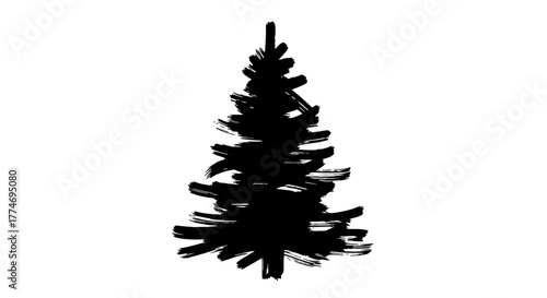A stark black silhouette of a coniferous evergreen tree with a textured, brush-stroke appearance against a clean white background.