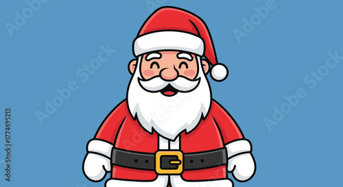 Cartoon illustration of Santa Claus smiling with a red suit and hat against a blue background.
