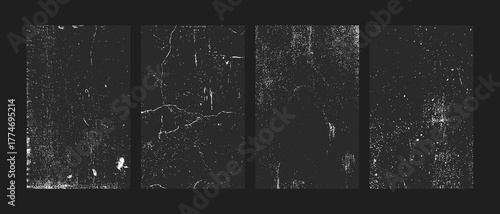 grunge overlay texture set with distressed cracked and scratched surface effects, black and white vintage noise film strip backgrounds for graphic design and photo overlay
