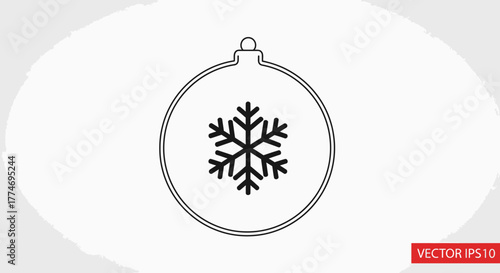 Line art illustration of a Christmas bauble with a snowflake icon inside, representing winter holidays and festive decorations.