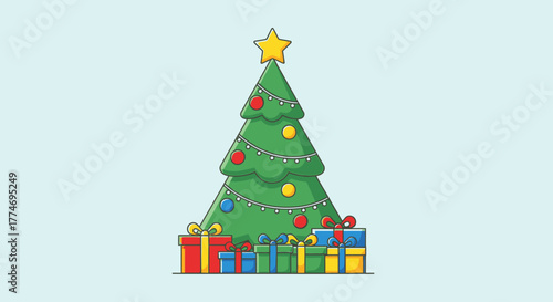 A festive illustration of a decorated Christmas tree with colorful ornaments and wrapped presents.