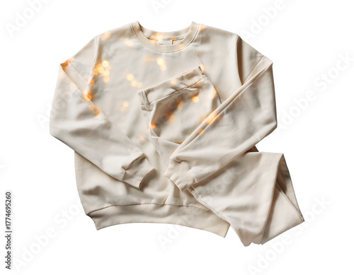 A cream colored silk pajama set with long sleeves and pants folded neatly isolated on transparent background