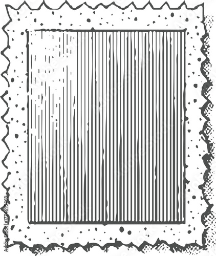 Black and white illustration of a postage stamp with serrated edges and vertical lines postal mail