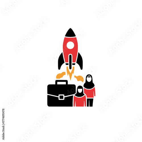 Muslim women entrepreneurs launching a business startup, represented by a rocket taking off from a briefcase vector icon