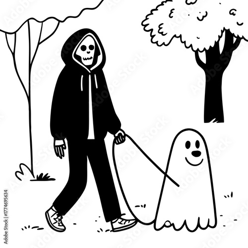 Grim Reaper Walking a Friendly Ghost on a Leash