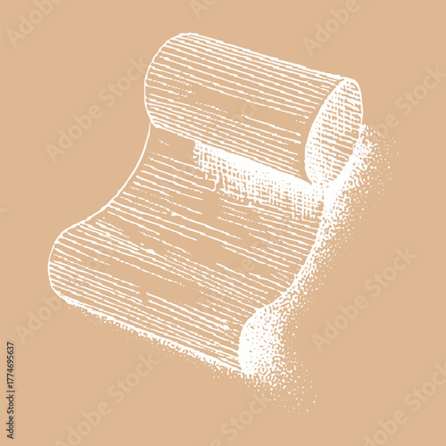 White ink sketch of a rolled parchment scroll on a tan background paper document