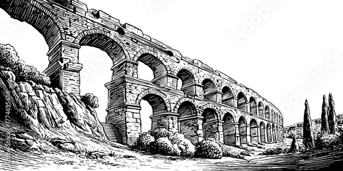 Engraved roman aqueduct arch with stone texture and precise details in vintage style