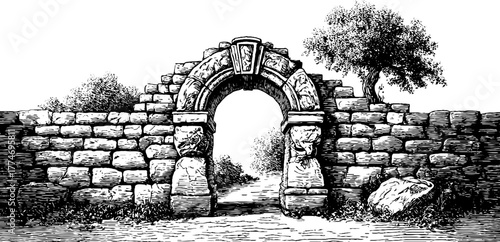 Historic roman arched portal with stone voussoirs and decorative engravings