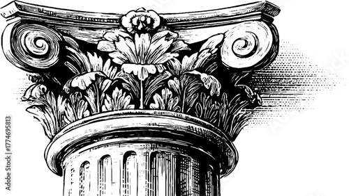 Engraved roman column capital with acanthus leaves and volute design for historical architecture