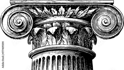 Engraved roman column capital with acanthus leaves and volute for design projects