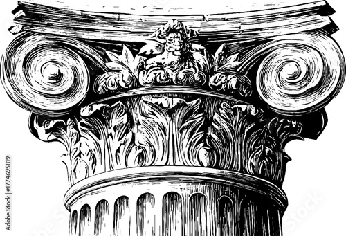 Intricately engraved roman column capital with acanthus leaves and volutes - vintage architectural design for art and print