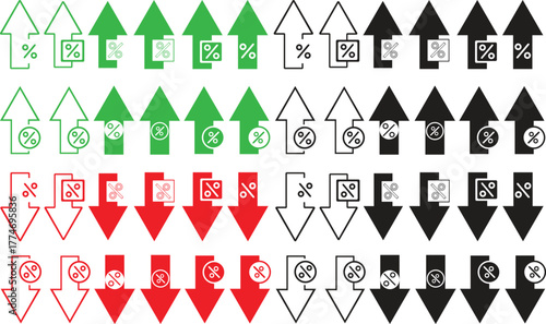 Up and down arrow set with percentage. Vector isolated illustration.