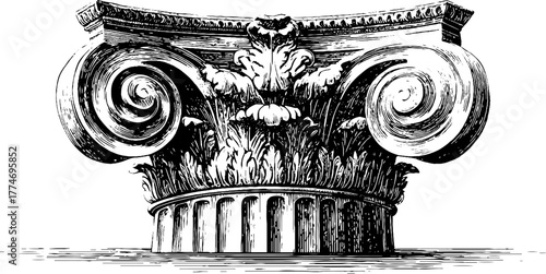 Classical roman column capital with acanthus leaves and volute design - ideal for architectural prints and historical projects