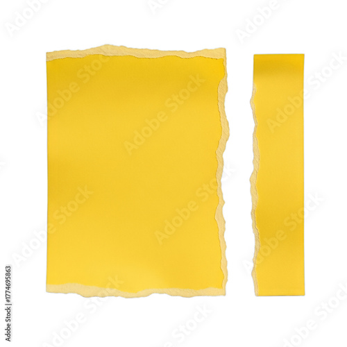 Two pieces of torn yellow paper isolated on a plain colored surface on transparent background